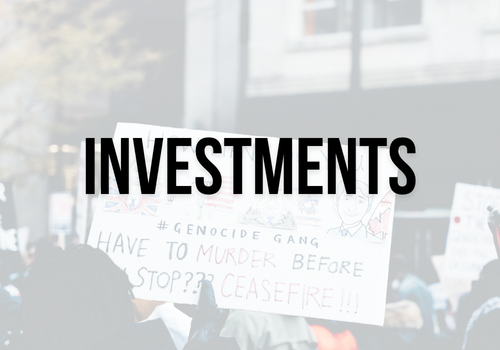 Semi-transparent background of a protest for Palestine with a sign and Palestinian flags waving with bold black text: investments