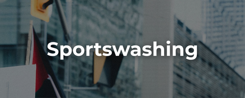 Semi-transparent background of a protest for Palestine with a sign and Palestinian flags waving with bold white text: sportwashing