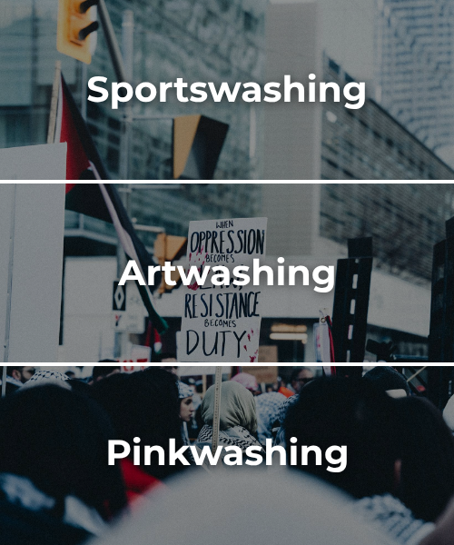 Semi-transparent background of a protest for Palestine with a sign and Palestinian flags waving with bold white text: sportwashing, artwashing, pinkwashing