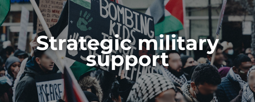 Semi-transparent background of a protest for Palestine with a sign and Palestinian flags waving with bold white text: strategic military support