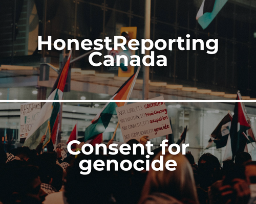Semi-transparent background of a protest for Palestine with a sign and Palestinian flags waving with bold white text: HonestReporting Canada, consent for genocide