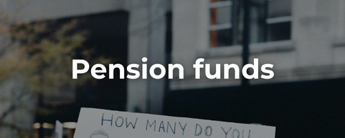 Semi-transparent background of a protest for Palestine with a sign and Palestinian flags waving with bold white text: pension funds