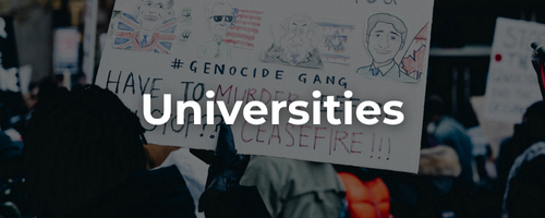 Semi-transparent background of a protest for Palestine with a sign and Palestinian flags waving with bold white text: universities