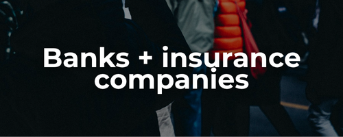 Semi-transparent background of a protest for Palestine with a sign and Palestinian flags waving with bold white text: banks + insurance companies