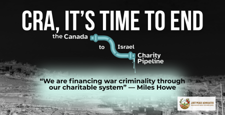 "Background is a dark photo of the Hebron area in Palestine, you can barely see the rolling hills in the background and a road on the right. Text reads: cra, it’s time to end the Canada to Israel charity pipeline. “We are financing war criminality through our charitable system” — Miles Howe"