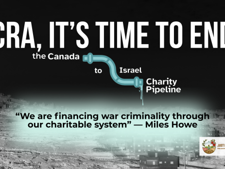 "Background is a dark photo of the Hebron area in Palestine, you can barely see the rolling hills in the background and a road on the right. Text reads: cra, it’s time to end the Canada to Israel charity pipeline. “We are financing war criminality through our charitable system” — Miles Howe"