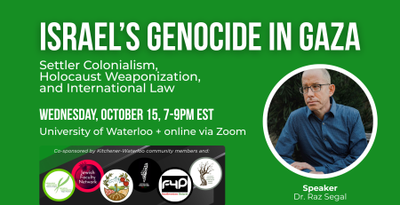 Green background with a photo of Rez Segal, a man with white skin and a bald head and glasses. Text reads: Israel’s genocide in Gaza, Settler Colonialism, Holocaust Weaponization, and International Law Wednesday, october 15, 7-9pm EST University of Waterloo + online via Zoom