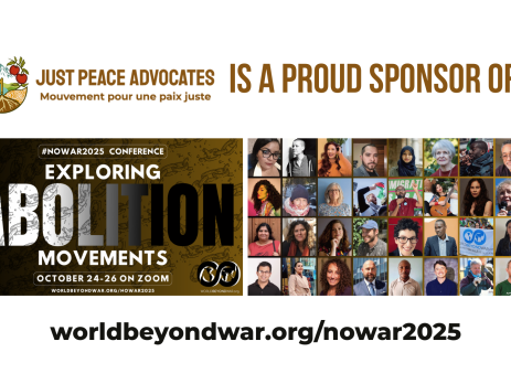 White background with the JPA logo : is a proud sponsor of, with a graphic of World BEYOND War's 2025 conference and a collage of speakers headshots/photos.