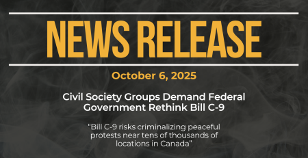 Dark background with nearly transparent white wispy smoke. Bold blue text reads: NEWS RELEASE October 6, 2025 Civil Society Groups Demand Federal Government Rethink Bill C-9