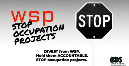 "Grey and white ombre with a black and white stop sign, text reads: WSP: Stop Occupation Projects. DIVEST from WSP. Hold them ACCOUNTABLE. STOP occupation projects."