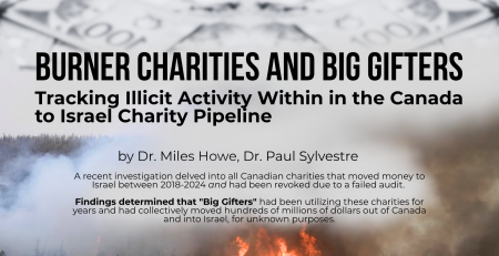 Faded background of a wildfire in Israel with black text: Burner Charities and Big Gifters Tracking Illicit Activity Within in the Canada to Israel Charity Pipeline by Dr. Miles Howe and Dr. Paul Sylvestre. A recent investigation delved into all Canadian charities that moved money to Israel between 2018-2024 and had been revoked due to a failed audit. Findings determined that "Big Gifters", a small group of Zionist oligarchs concentrated in Greater Toronto and Montreal, had been utilizing these charities for years and had collectively moved hundreds of millions of dollars out of Canada and into Israel, for unknown purposes.