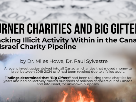 Faded background of a wildfire in Israel with black text: Burner Charities and Big Gifters Tracking Illicit Activity Within in the Canada to Israel Charity Pipeline by Dr. Miles Howe and Dr. Paul Sylvestre. A recent investigation delved into all Canadian charities that moved money to Israel between 2018-2024 and had been revoked due to a failed audit. Findings determined that "Big Gifters", a small group of Zionist oligarchs concentrated in Greater Toronto and Montreal, had been utilizing these charities for years and had collectively moved hundreds of millions of dollars out of Canada and into Israel, for unknown purposes.