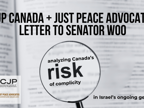 Background of a blurred dictionary page with a magnifying glass. Black text reads "ICJP Canada and Just Peace Advocates Letter to Senator Woo. in the magnifying glass text reads :analyzing Canada's risk of complicity" and to the right "in Israel's ongoing genocide.