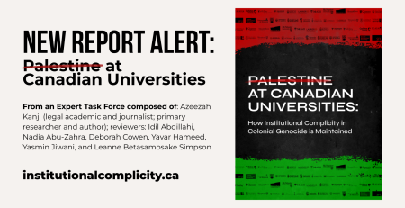 Light grey background with text on the left and a photo on the right. Text reads: new report alert: Palestine at Canadian Universities From an Expert Task Force composed of: Azeezah Kanji (legal academic and journalist; primary researcher and author); reviewers: Idil Abdillahi, Nadia Abu-Zahra, Deborah Cowen, Yavar Hameed, Yasmin Jiwani, and Leanne Betasamosake Simpson institutionalcomplicity.ca The photo is of the report cover, which is black in the middle with the title of the report and red at the top and green at the bottom with logos of canadian universities throughout.