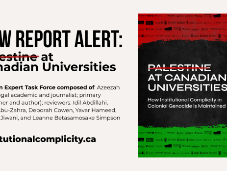 Light grey background with text on the left and a photo on the right. Text reads: new report alert: Palestine at Canadian Universities From an Expert Task Force composed of: Azeezah Kanji (legal academic and journalist; primary researcher and author); reviewers: Idil Abdillahi, Nadia Abu-Zahra, Deborah Cowen, Yavar Hameed, Yasmin Jiwani, and Leanne Betasamosake Simpson institutionalcomplicity.ca The photo is of the report cover, which is black in the middle with the title of the report and red at the top and green at the bottom with logos of canadian universities throughout.