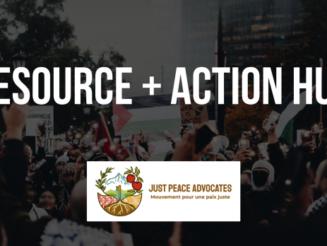 Semi-transparent background of a protest for Palestine with a sign and Palestinian flags waving and people wearing kuffiyehs, with bold white text: Resource + Action Hub