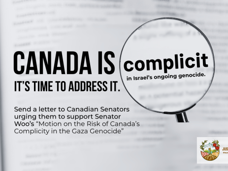 "Blurry background of a page in a dictionary with a magnifying glass focused on a specific section. Text reads: Canada is complicit in Israel's ongoing genocide. It's time to address it. Send a letter to Canadian Senators urging them to support Senator Woo’s “Motion on the Risk of Canada’s Complicity in the Gaza Genocide”"