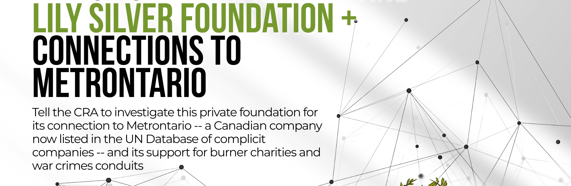 White background with light grey shadow and a graphic of dots connected by lines. Text reads: Investigate the Nathan and Lily Silver Foundation + connections to Metrontario Tell the CRA to investigate this private foundation for its connection to Metrontario -- a Canadian company now listed in the UN Database of complicit companies -- and its support for burner charities and war crimes conduits