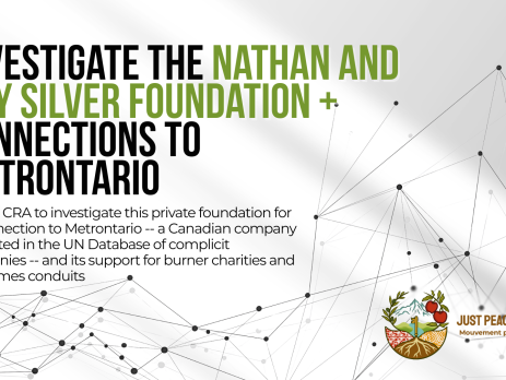 White background with light grey shadow and a graphic of dots connected by lines. Text reads: Investigate the Nathan and Lily Silver Foundation + connections to Metrontario Tell the CRA to investigate this private foundation for its connection to Metrontario -- a Canadian company now listed in the UN Database of complicit companies -- and its support for burner charities and war crimes conduits