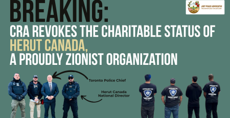 Dark teal background with bold title: BREAKING: CRA revokes the charitable status of Herut Canada, a proudly Zionist organization. Photos in the bottom show four people standing facing the camera, and another shows four people with their backs to the camera. In the left photo we see the Toronto Police Chief beside Herut Canada's National director who along with two others are in full tactical gear. hose with their backs to the camera are wearing Magen Herut Canada t-shirts.