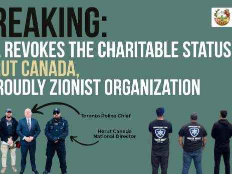 Dark teal background with bold title: BREAKING: CRA revokes the charitable status of Herut Canada, a proudly Zionist organization. Photos in the bottom show four people standing facing the camera, and another shows four people with their backs to the camera. In the left photo we see the Toronto Police Chief beside Herut Canada's National director who along with two others are in full tactical gear. hose with their backs to the camera are wearing Magen Herut Canada t-shirts.