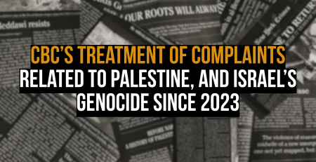 Background photo of blurry sections of newspaper from the "New York War Crimes" in black and white. Text reads: CBC’s treatment of complaints related to Palestine, and Israel’s genocide since 2023