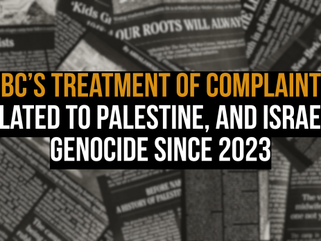 Background photo of blurry sections of newspaper from the "New York War Crimes" in black and white. Text reads: CBC’s treatment of complaints related to Palestine, and Israel’s genocide since 2023
