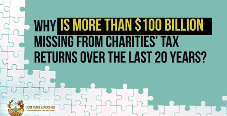 blue/teal background with a border of white puzzle pieces along the left side and bottom. text reads: why is more than $100 billion missing from charities' tax returns over the last 20 years?
