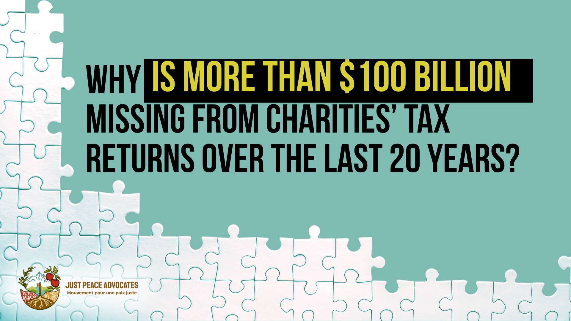 blue/teal background with a border of white puzzle pieces along the left side and bottom. text reads: why is more than $100 billion missing from charities' tax returns over the last 20 years?