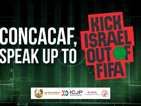Background is an aerial view of a soccer pitch with text overlaying that reads: Concacaf, speak up to Kick Israel Out of FIFA.