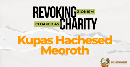 Light beige/grey background with a ripped strip of paper through the centre. Text reads: REVOKING ZIONISM CLOAKED AS CHARITY: Kupas Hachesed Meoroth