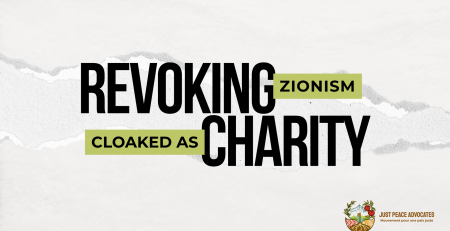background with a ripped strip of paper through the centre. Text reads: REVOKING ZIONISM CLOAKED AS CHARITY