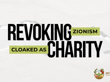 background with a ripped strip of paper through the centre. Text reads: REVOKING ZIONISM CLOAKED AS CHARITY
