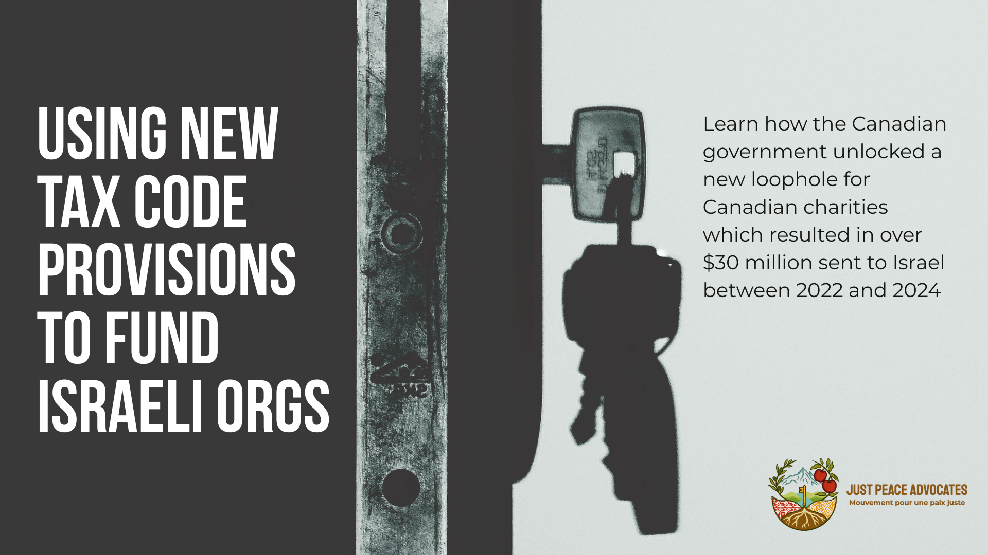 Background image of the side profile showing a key inserted into a lock in a door. Text reads: Using new tax code provisions to fund Israeli orgs. Learn how the Canadian government unlocked a new loophole for Canadian charities which resulted in over $30 million sent to Israel between 2022 and 2024