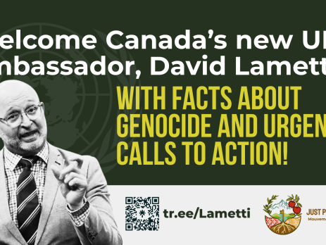 "Dark green background with a photo of David Lametti, a white man with a bald head, glasses, and wearing a suit and tie. Text reads: Welcome Canada’s new UN ambassador, David Lametti with facts about genocide and urgent calls to action!"