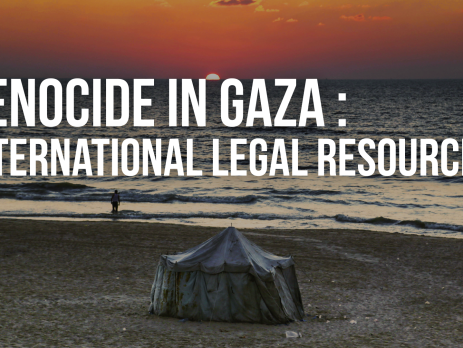 A single tent sits on the beach in Gaza. A beautiful orange and pink sunset in the background - the sun is half-hidden behind the horizon. One person is at the edge of the water. Text reads: Genocide in Gaza : International Legal Resources