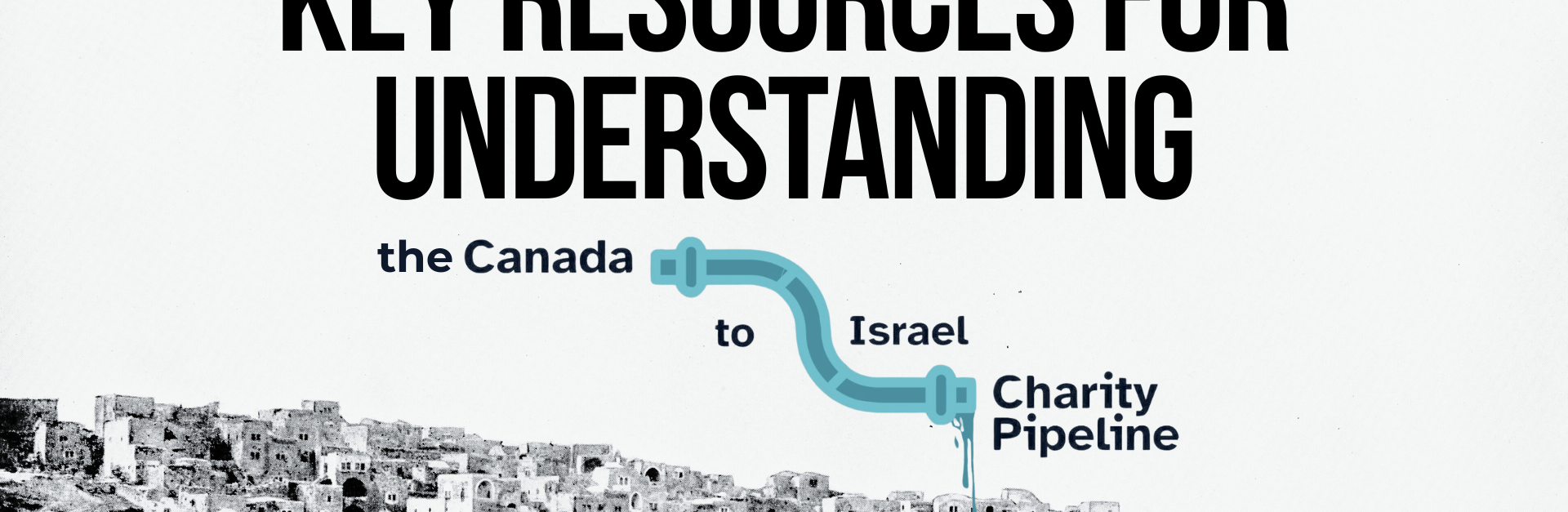 "Background is a bright white and gray photo of the Bethlehem in Palestine in the 1880s, you can see houses on a rolling hill. Text reads: Key resources for understanding the Canada to Israel Charity Pipeline