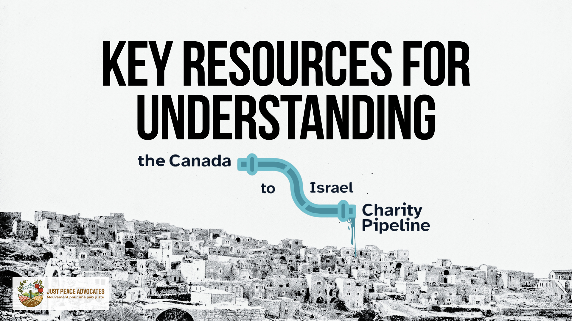 "Background is a bright white and gray photo of the Bethlehem in Palestine in the 1880s, you can see houses on a rolling hill. Text reads: Key resources for understanding the Canada to Israel Charity Pipeline