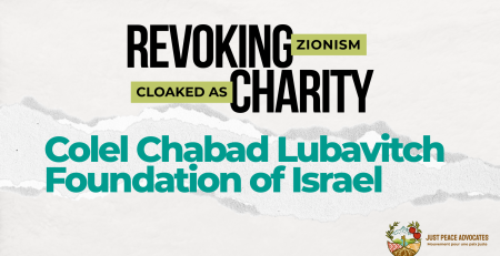 Light beige/grey background with a ripped strip of paper through the centre. Text reads: REVOKING ZIONISM CLOAKED AS CHARITY: Colel Chabad Lubavitch Foundation of Israel
