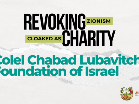 Light beige/grey background with a ripped strip of paper through the centre. Text reads: REVOKING ZIONISM CLOAKED AS CHARITY: Colel Chabad Lubavitch Foundation of Israel