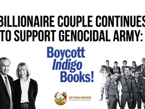 White background with text: Billionaire couple continues to support genocidal army: Boycott Indigo Books with a photo of Reisman and Schwartz, as well as groups of Israeli military soldiers from HESEG videos