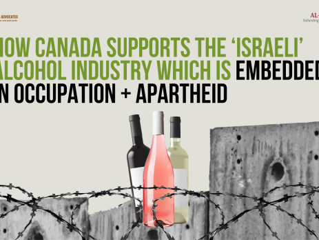 Grey background with the apartheid wall and barbed wire along the bottom. Title: How Canada Supports the ‘Israeli’ Alcohol Industry Which Is Embedded in Occupation + Apartheid
