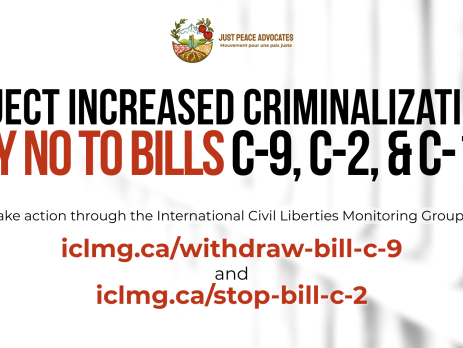 "Faint background of blurry jail cell bars. Text reads: Reject increased criminalization and say no to Bills C-9, C-2, and C-12 Take action through the International Civil Liberties Monitoring Group by going to iclmg.ca/withdraw-bill-c-9 and iclmg.ca/stop-bill-c-2"