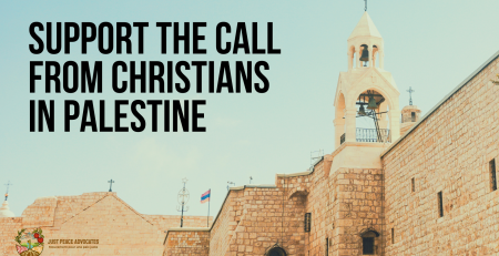 Background photo of the Church of the Nativity in Bethlehem, Palestine. The sky is blue; black text on top reads: Support the Call from Christians in Palestine