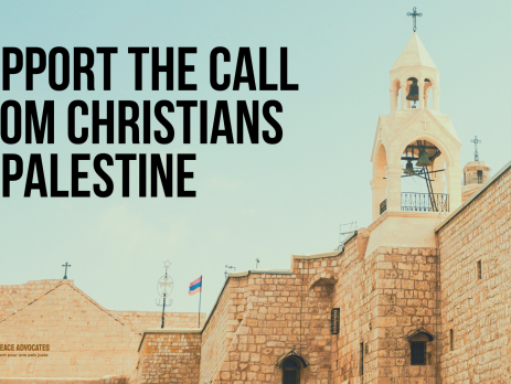 Background photo of the Church of the Nativity in Bethlehem, Palestine. The sky is blue; black text on top reads: Support the Call from Christians in Palestine