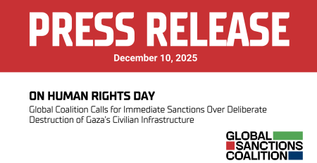 red banner at top with bold text: PRESS RELEASE December 10, 2025. White background with black text reads: On Human rights day: Global Coalition Calls for Immediate Sanctions Over Deliberate Destruction of Gaza’s Civilian Infrastructure