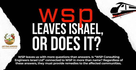 Black background with white accents, and a graphic train with blood dripping from the bottom. text reads: WSP leaves Israel, or does it? WSP leaves us with more questions than answers. Is “WSP Consulting Engineers Israel Ltd” connected to WSP in more than name? Irregardless of these answers, they must provide remedies to the affected communities.