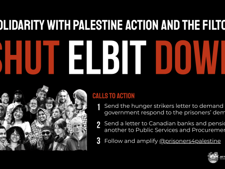 Black background with bold white and red text: In solidarity with Palestine Action and the Filton24: Shut Elbit down. Calls to action 1. Send a letter to Canadian banks and pensions AND another to Public Services and Procurement Canada 2. Send the hunger strikers letter to demand the UK government respond to the prisoners’ demands: Link 3. Follow and amplify @prisoners4palestine