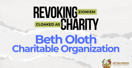 Light beige/grey background with a ripped strip of paper through the centre. Text reads: REVOKING ZIONISM CLOAKED AS CHARITY: Beth Oloth Charitable Organization