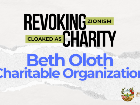 Light beige/grey background with a ripped strip of paper through the centre. Text reads: REVOKING ZIONISM CLOAKED AS CHARITY: Beth Oloth Charitable Organization